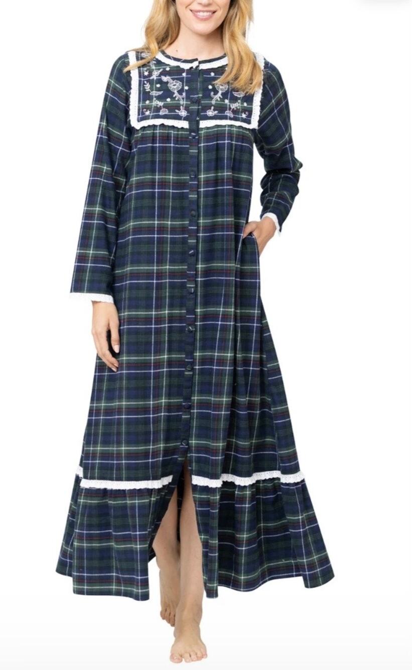 The 1 for You Dorothy LS Cotton Flannel Nightgown Women's Sz XS Blue Green Plaid